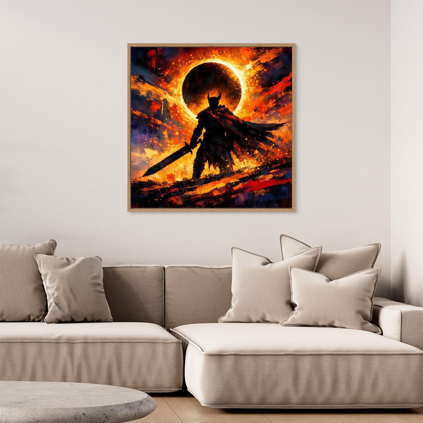 Fantasy-Wandbild auf Leinwand: dunkler Ritter vor Sonnenfinsternis mit schwarzem Rahmen