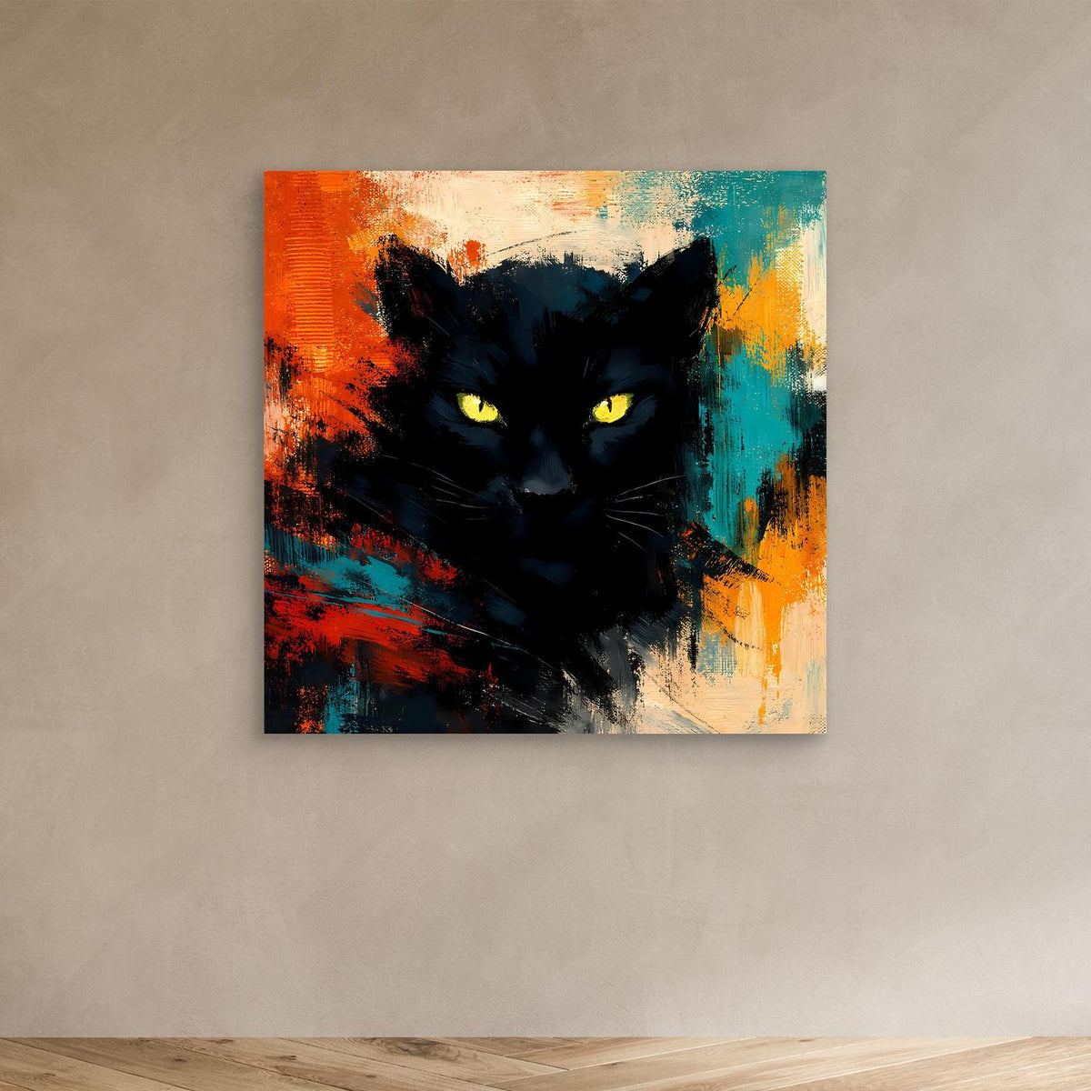 Leinwandbild mit schwarzem Pantherkopf und leuchtend gelben Augen, abstrakte Orange-Grün-Blau-Flächen