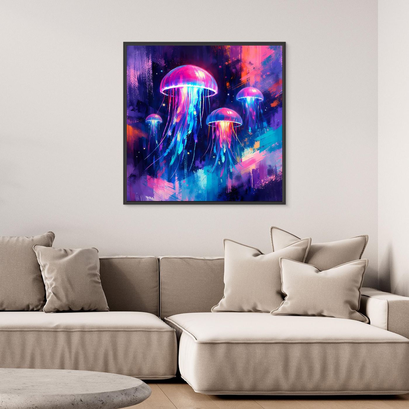 Leinwand Magische Leuchtquallen im Tiefsee-Ozean | Abstraktes Neon Wandbild