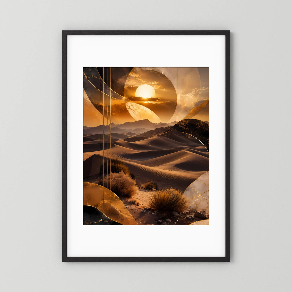 Hochformat-Poster mit goldbrauner Wüstenlandschaft und Sonnenball, schwarzer Rahmen