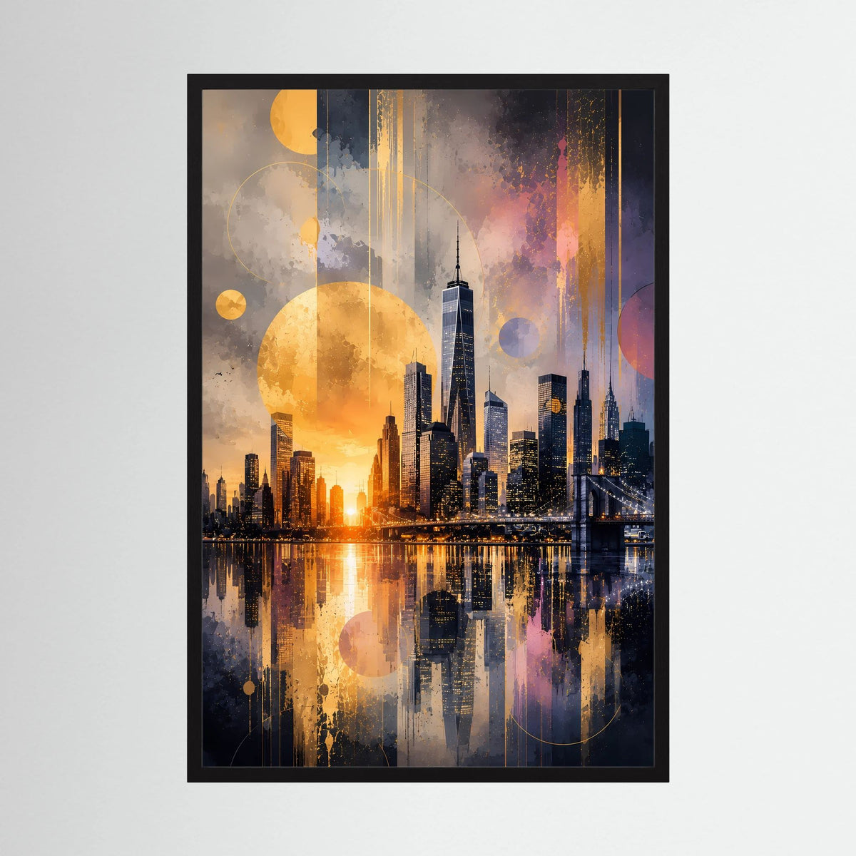 Hochformat-Poster in schwarzem Rahmen mit abstrakter Skyline in warmem Gold- und Blauton