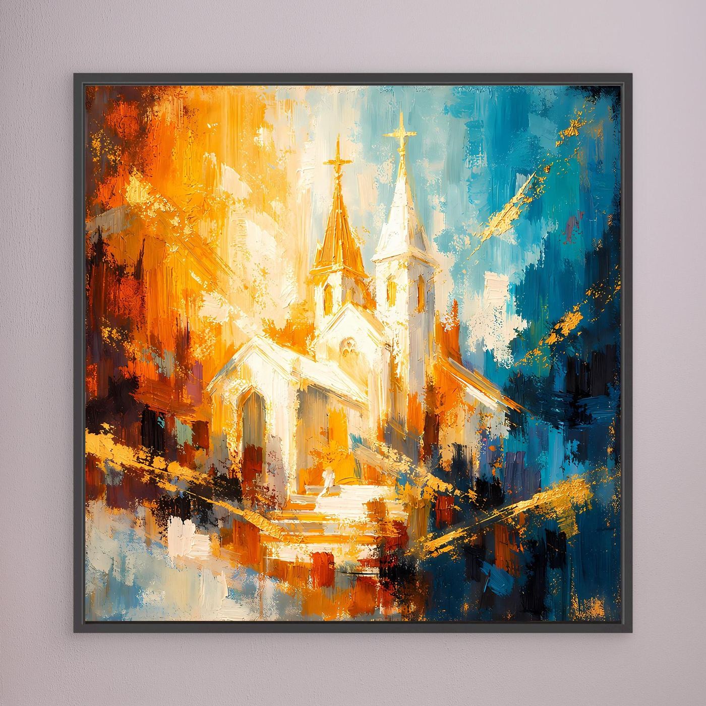Leinwandbild mit abstrakter Kirche, schwarzer Rahmen, Orange‑Blau mit leuchtenden Turmspitzen