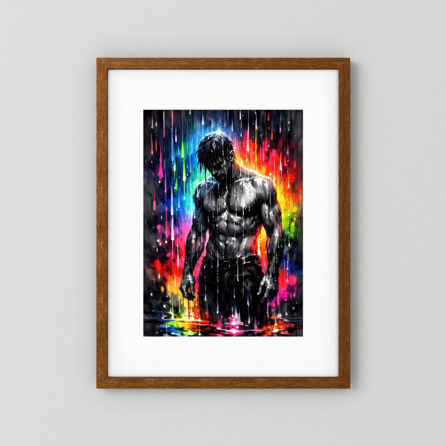 Wandbild im Hochformat mit muskulösem Mann in Schwarz, Neon-Farbspritzern, Holzrahmen braun
