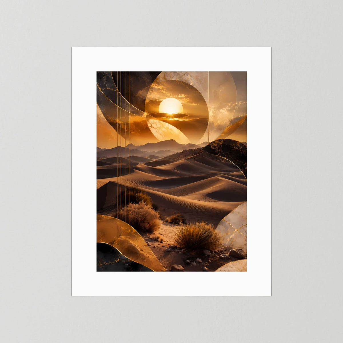 Hochformat-Poster mit goldbrauner Wüstenlandschaft, Sonnenball-Motiv, weißer Rand ohne Rahmen