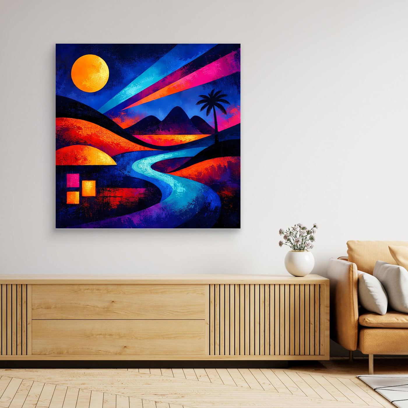 Gerahmtes Leinwandbild mit Holzrahmen: Palmenlandschaft mit orangefarbenem Mond und buntem Fluss