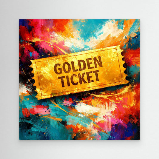 Abstraktes Leinwandbild „Golden Ticket“ mit goldener Ticket-Aufschrift und bunten Farbflecken