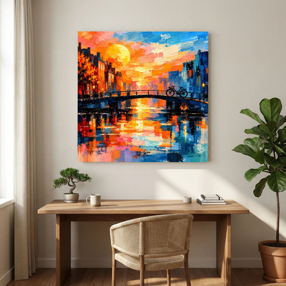 Leinwand Abstraktes Amsterdam Gemälde | Modernes Romantisches Grachten Wandbild mit Fahrrad