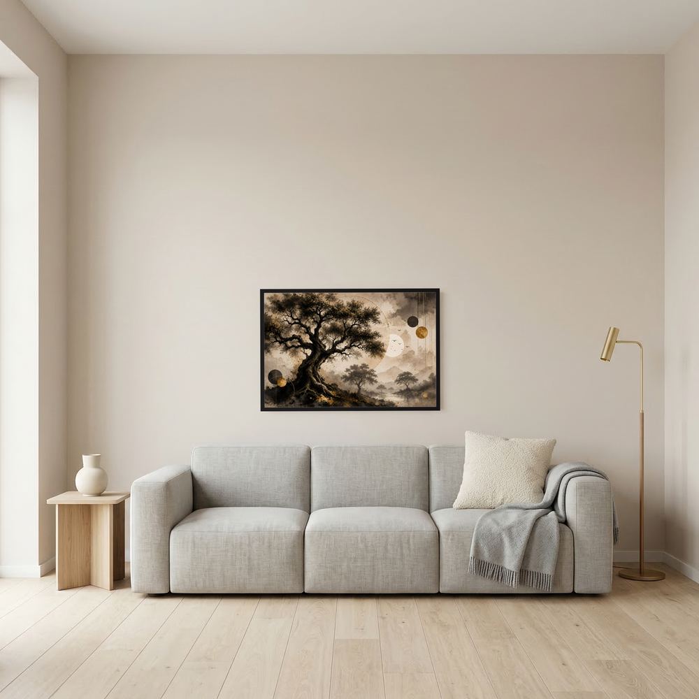 Gerahmtes Wandbild mit Baummotiv in Braun/Beige und goldenen Akzenten, Querformat, schwarzer Rahmen