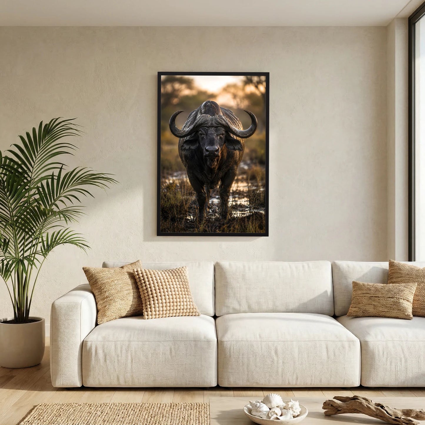 Tierposter mit Kaffernbüffel im schwarzen Rahmen über Sofa, Hochformat