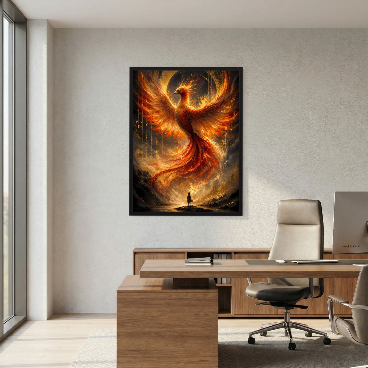 Hochformat-Poster mit Phönix aus Feuer in Gold und Orange, schwarzer Rahmen an Wand