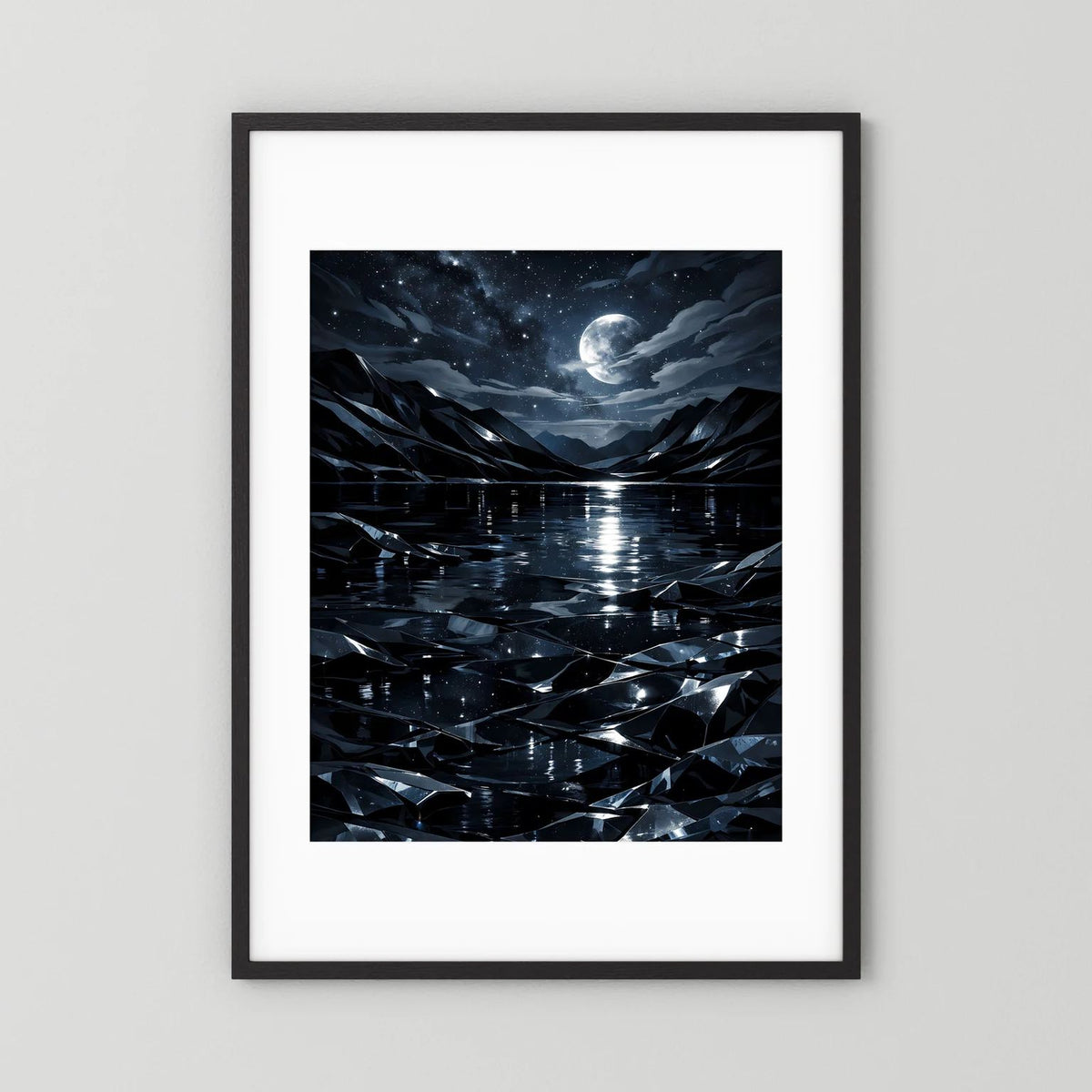 Gerahmtes Hochformat-Poster mit schwarzem Rahmen und weißem Rand, Mond über spiegelndem See