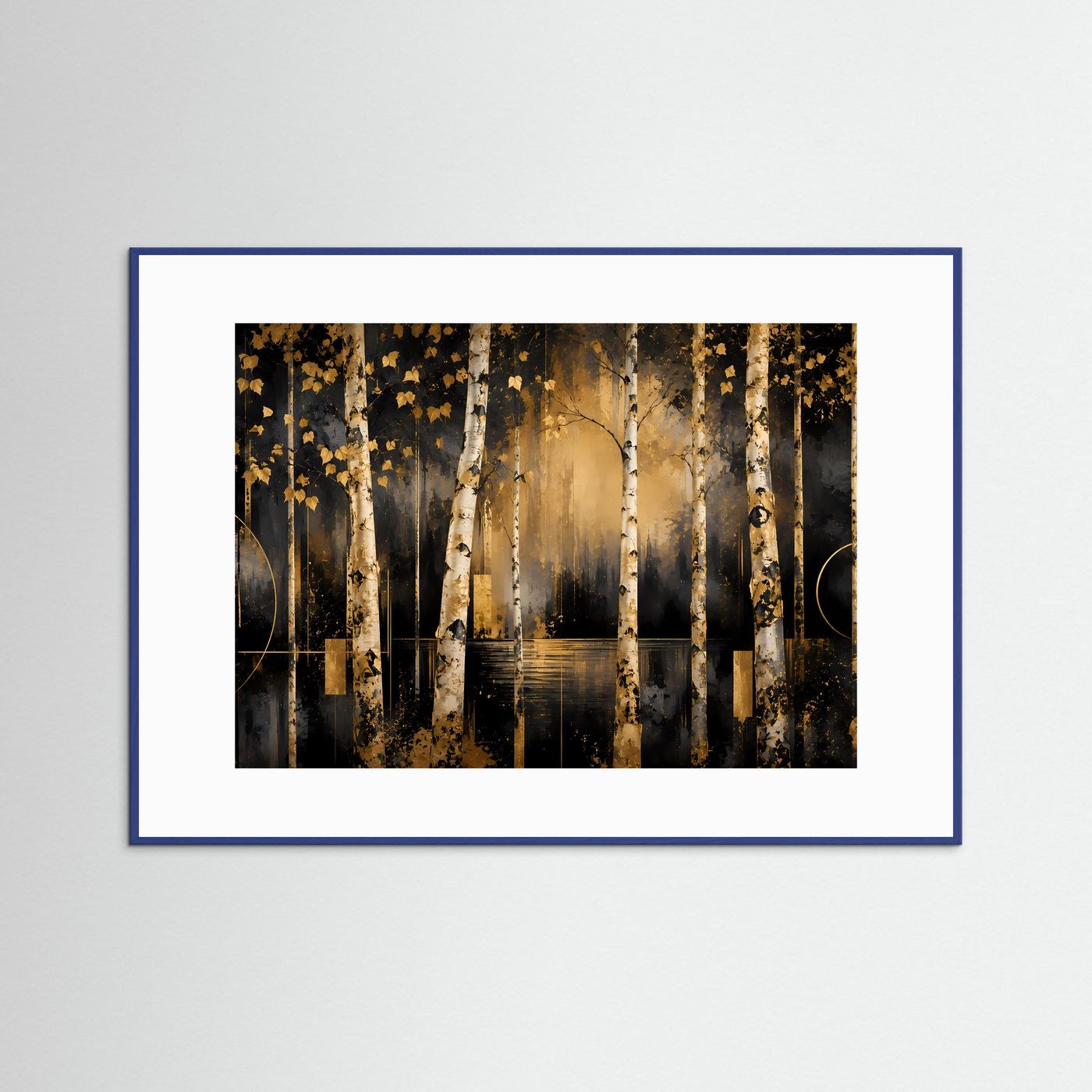 Poster im Querformat: Birkenwald mit goldenen Blättern, blau gerahmt