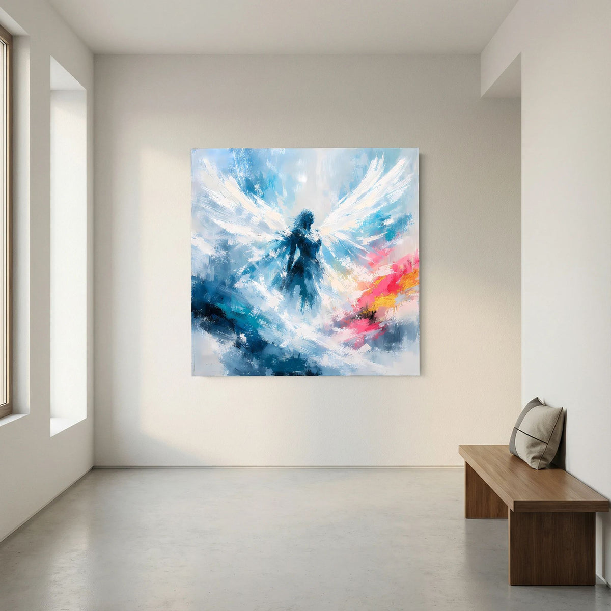 Quadratisches Leinwandbild mit abstraktem Engelmotiv in Blau und Weiß, heller Rand.