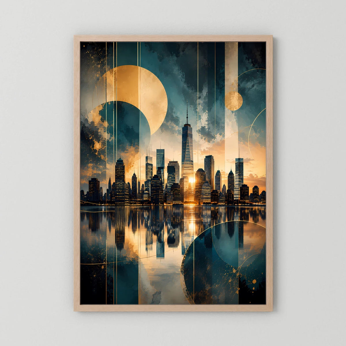 Poster im Hochformat mit abstrakter Skyline in Gold und Petrol, helles Holzrahmen