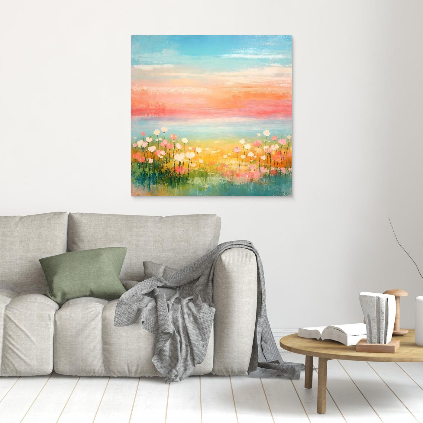 Leinwand-Wandbild: abstrakte Blumenwiese am Meer, Pastellhimmel, ungerahmt