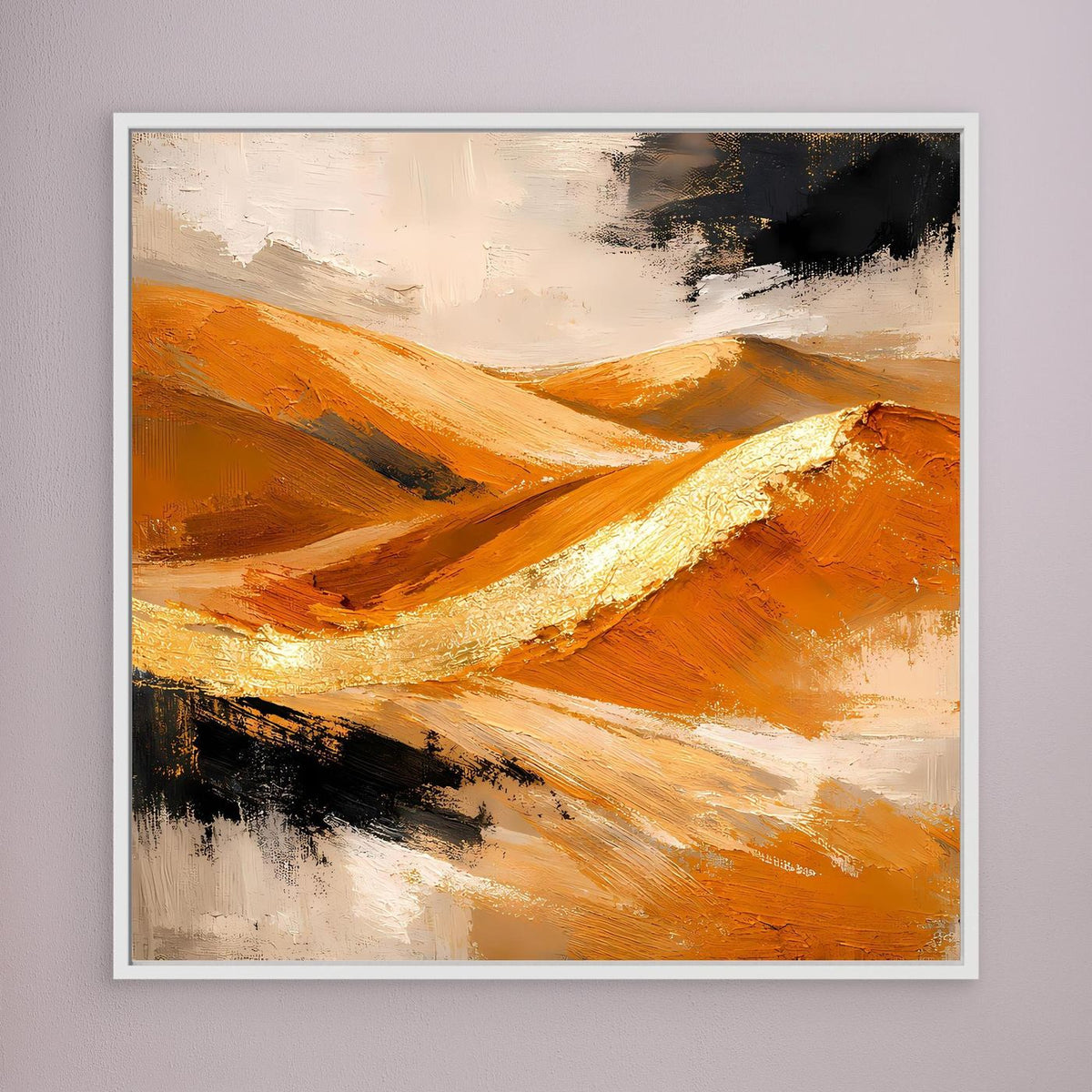 Leinwandbild mit abstrakter Dünenlandschaft in Gold und Orange, weißer Rahmen, breite Pinselstriche.