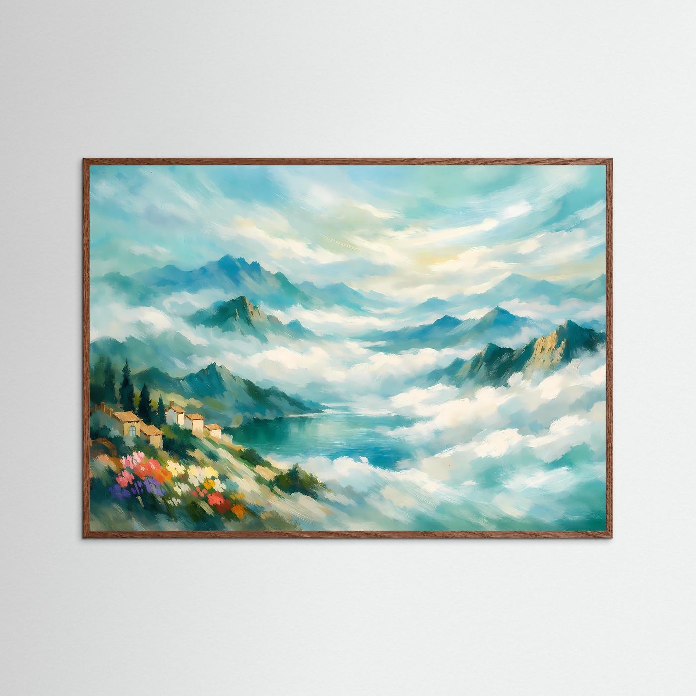 Wandbild Berglandschaft im Nebel, impressionistisch, mit braunem Holzrahmen
