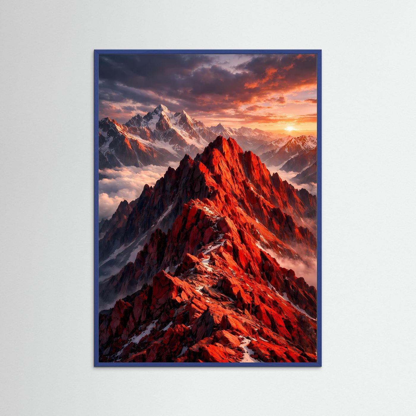 Bergposter im Hochformat mit blauem Rahmen: rote Bergkämme im Sonnenuntergang