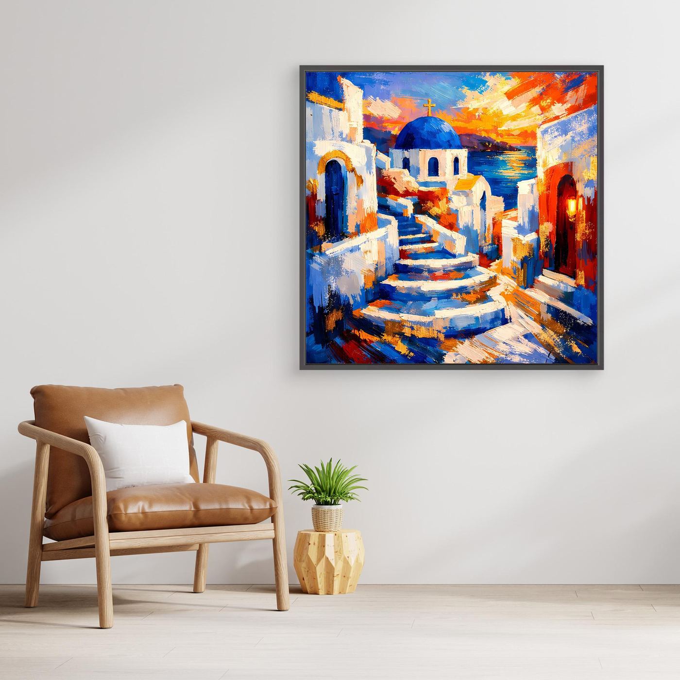 Leinwandbild mit hellem Holzrahmen: gemalte Gasse in Santorin mit blauem Meer und orangefarbenem Himmel