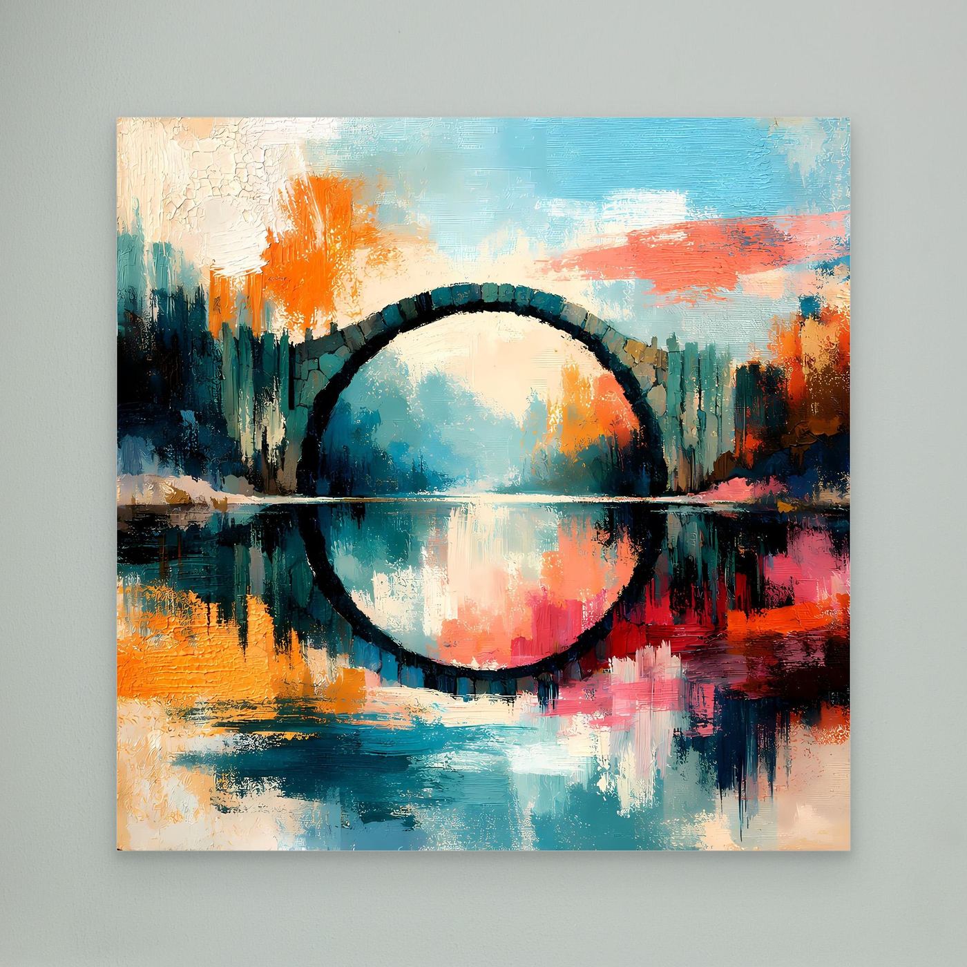 Premium Leinwand Mystische Kreisbrücke im Wasser | Abstraktes Natur Wandbild farbenfroh