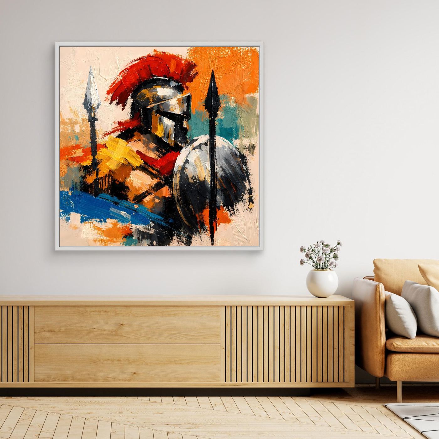 Abstract gladiator wall art with shield and spear, orange red and blue, light frame