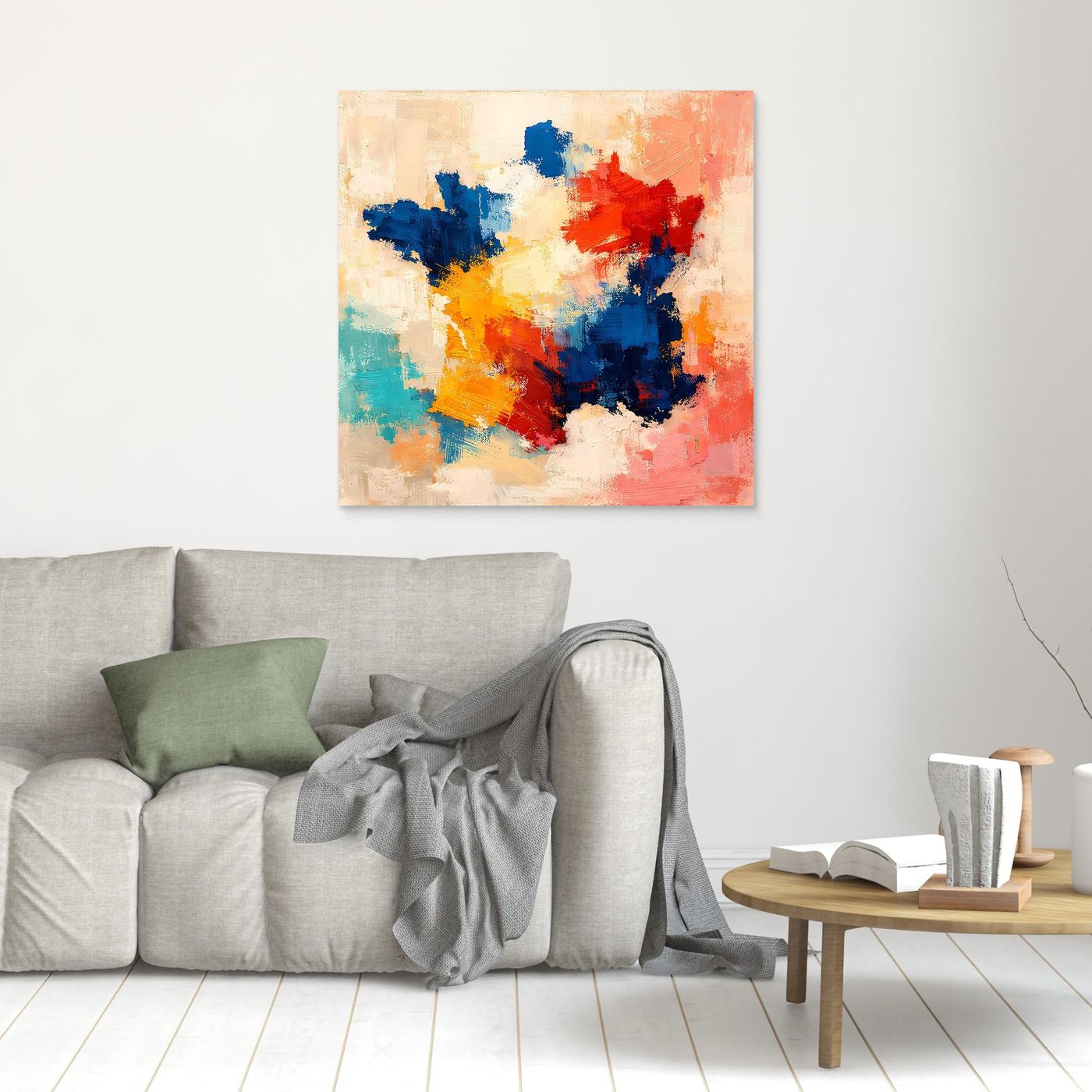 Abstract canvas wall art with blue, red, orange, yellow, and white paint