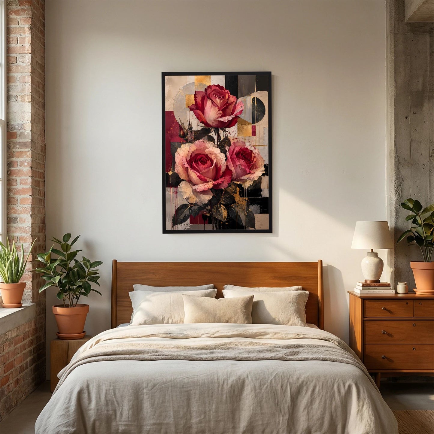 Blumenposter mit Rosenmotiv in Rot und Rosa; schwarzer Rahmen über dem Bett im Schlafzimmer.