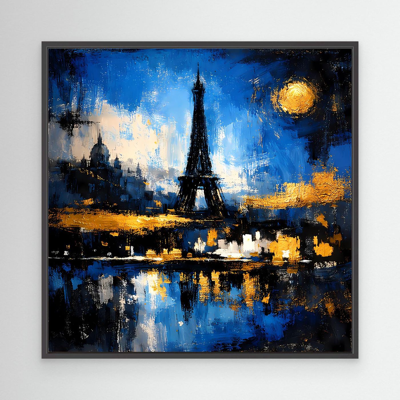 Abstraktes Wandbild mit schwarzem Rahmen: Eiffelturm bei Nacht, gelber Mond, blaue Reflexionen
