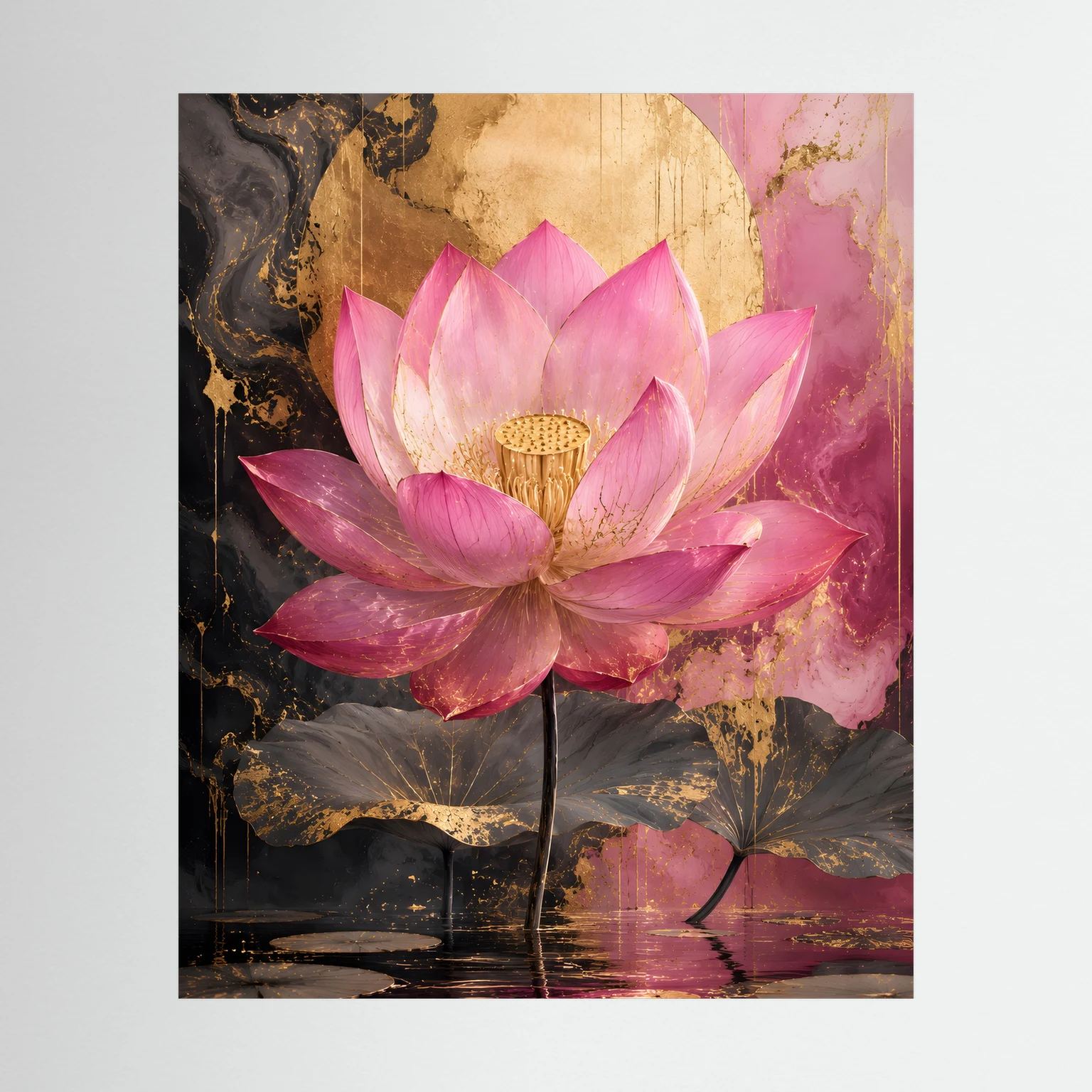 Lotusblumen-Poster: rosa Lotusblüte mit Goldakzenten, dunkler Hintergrund, Hochformat