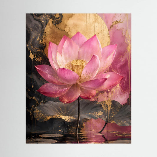 Lotusblumen-Poster: rosa Lotusblüte mit Goldakzenten, dunkler Hintergrund, Hochformat