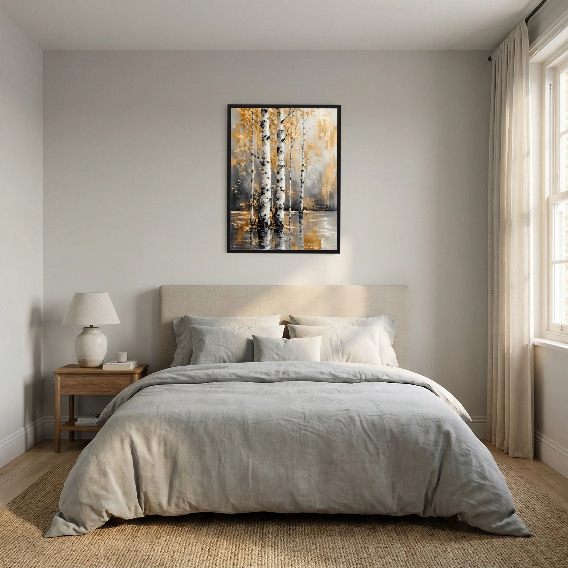 Hochformat-Poster mit Birkenwald, Weiß und Gold mit Spiegelung im Wasser
