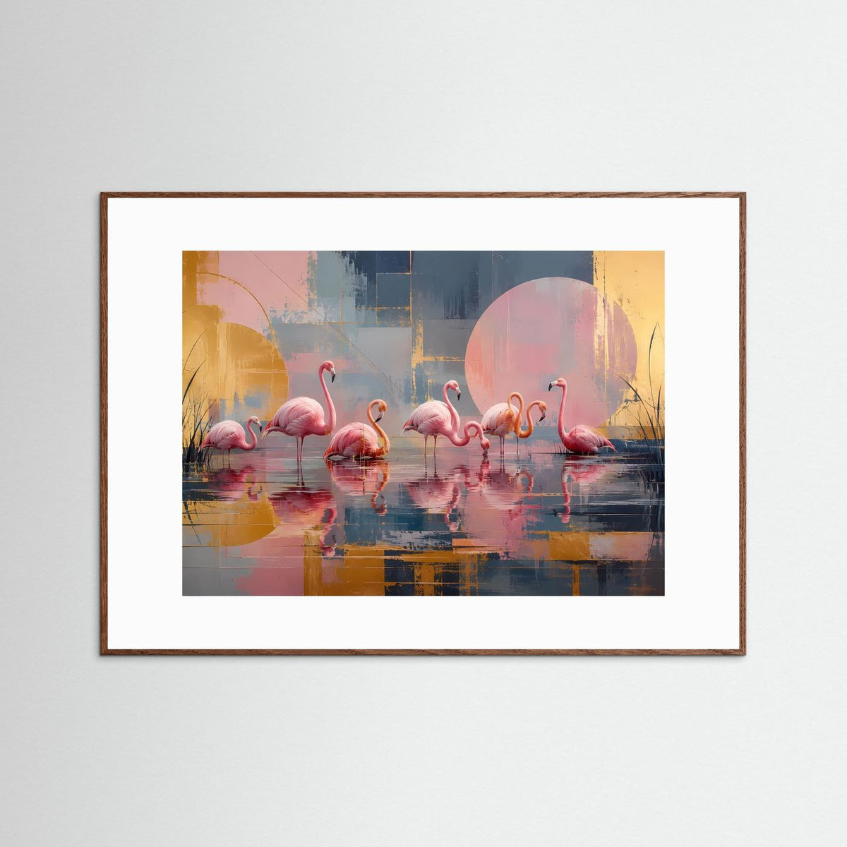 Gerahmtes Flamingo-Wandbild: rosa Flamingos, pastellfarbener See mit Spiegelung, Goldakzente, dunkler Holzrahmen