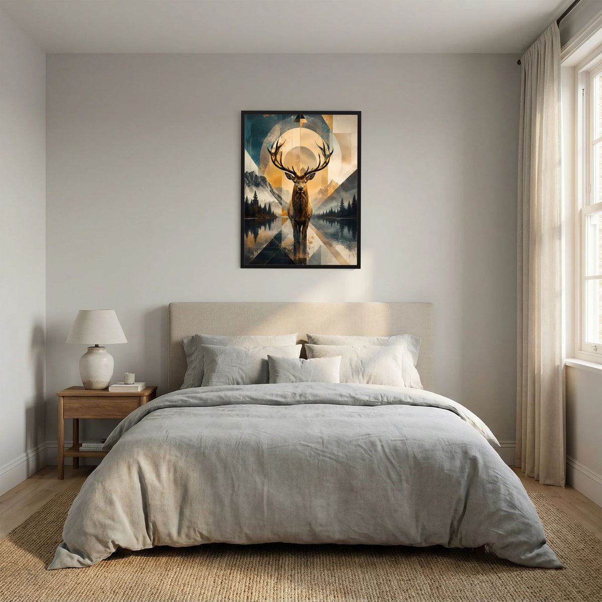 Hochformatiges Poster: Hirsch mit Geweih über geometrischer Berglandschaft, schwarzer Rahmen