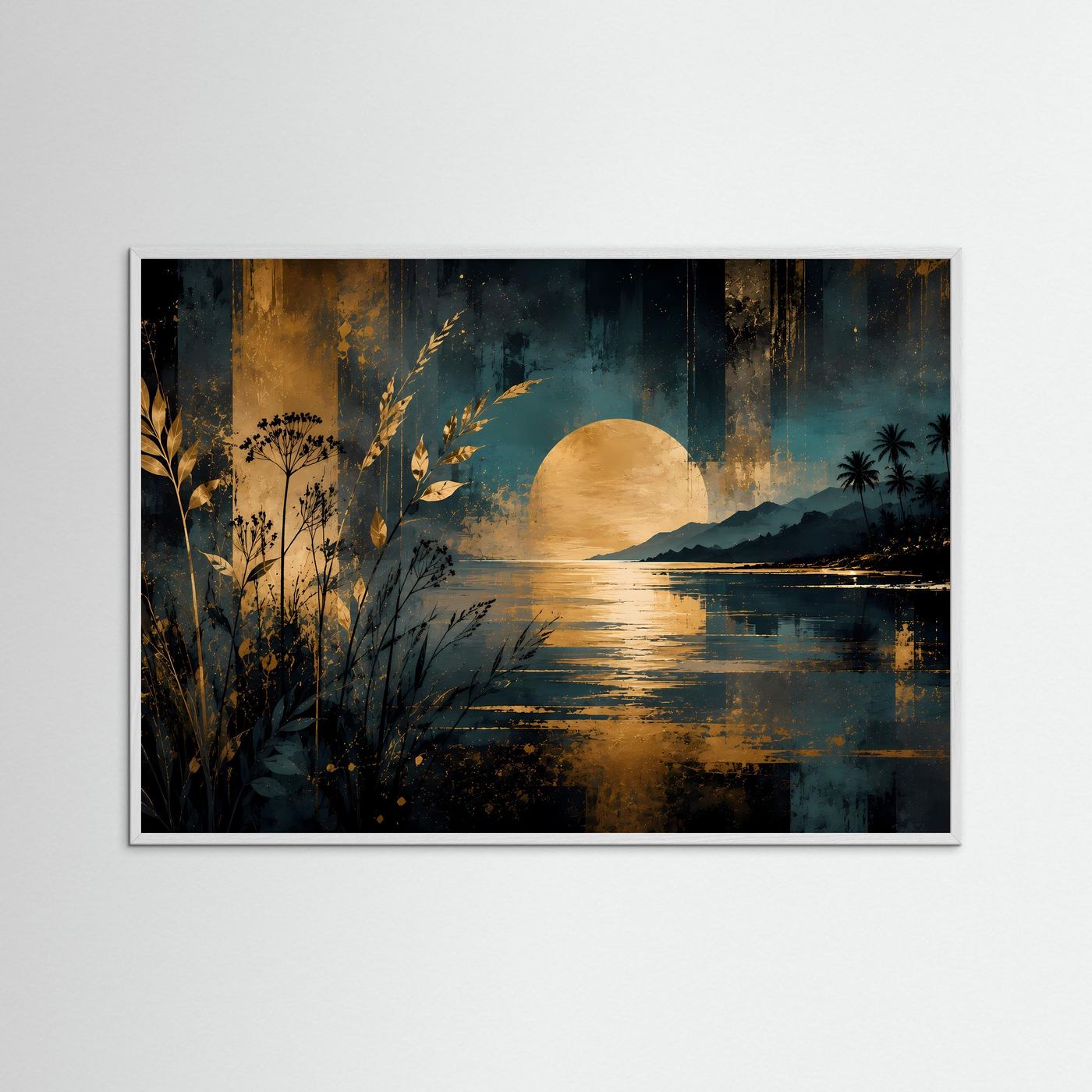Poster im Querformat mit weißem Rahmen: tropische Küste bei goldenem Sonnenuntergang, Palmen im Hintergrund.