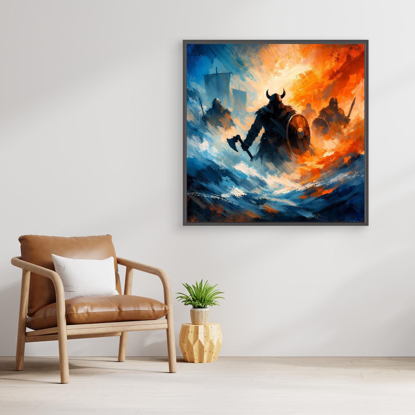 Leinwandbild mit Wikingerkrieger im Gefecht, Holzrahmen; dynamische blau-orange Szene