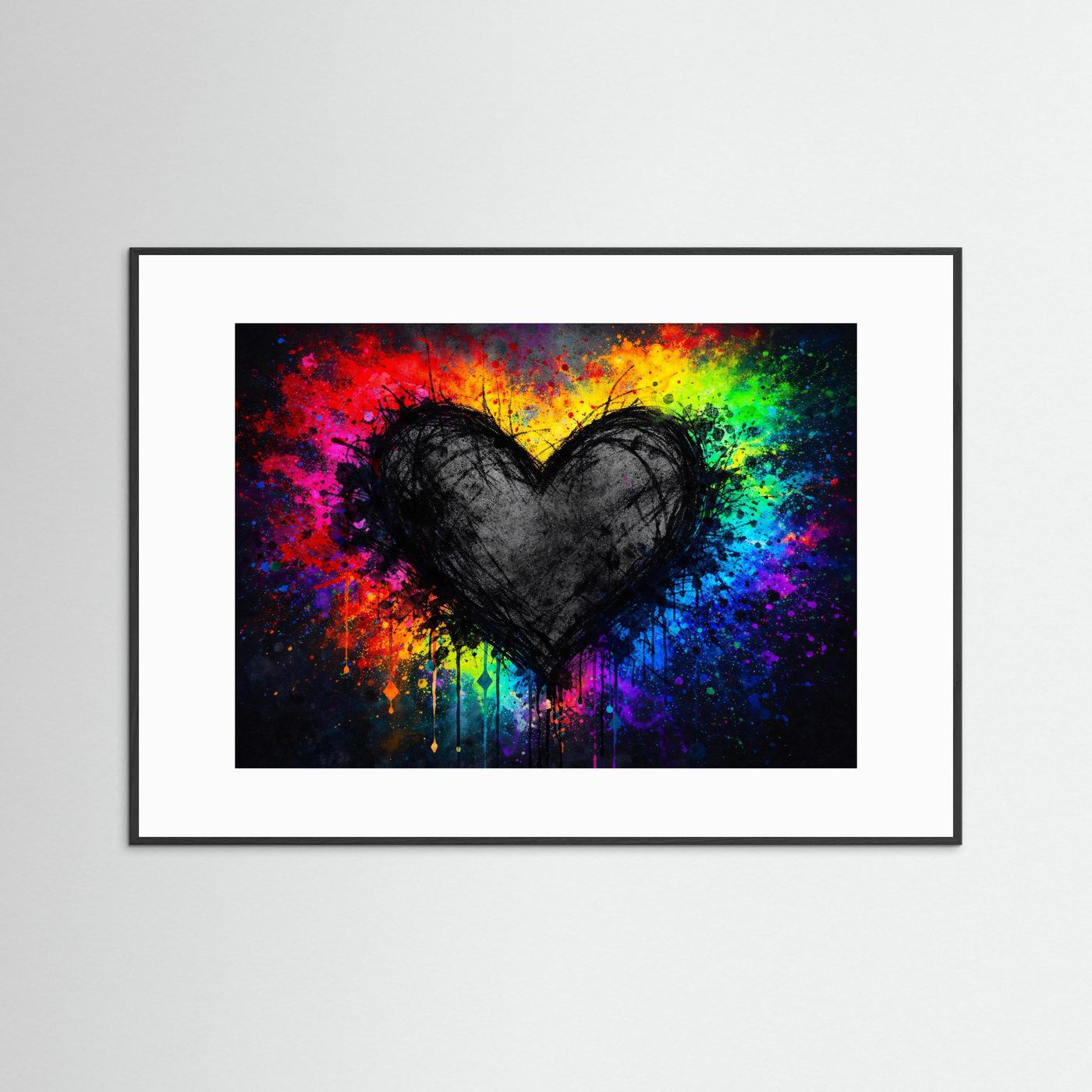 Schwarzes Grunge Herz mit Farbexplosion | Buntes Urban Street Art Wandbild & Kunst Poster Querformat