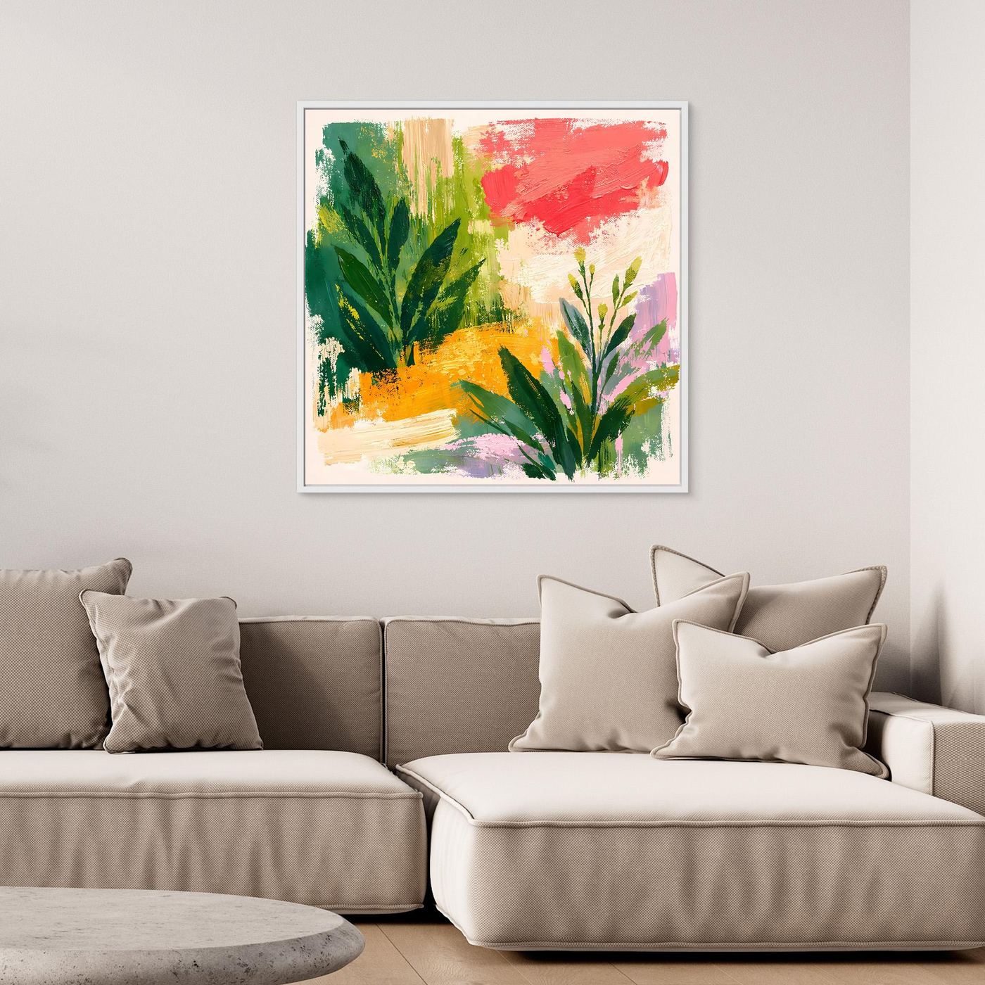 Abstract botanical wall art canvas with multicolor leaves and red brush strokes, light frame