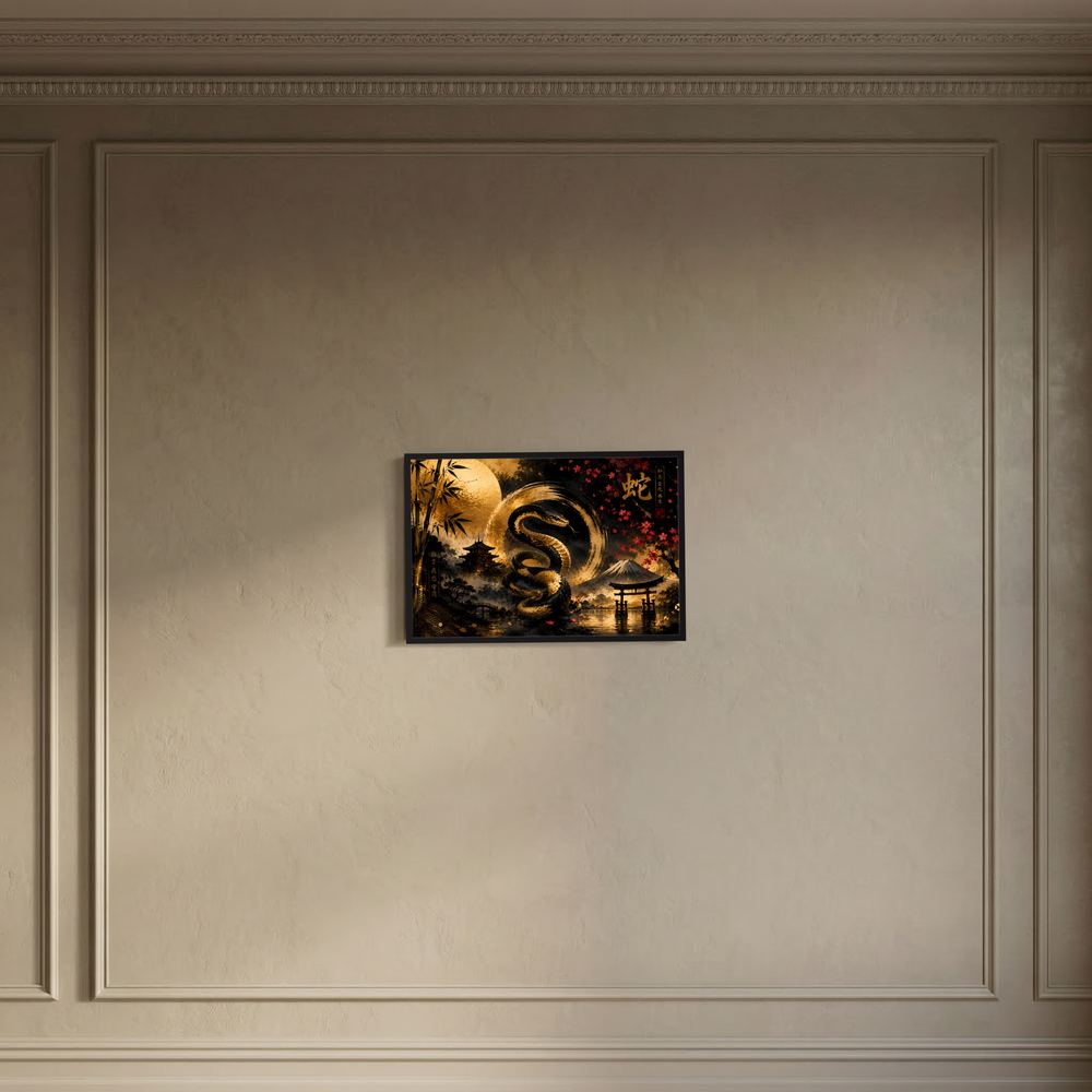 Wandposter Querformat mit goldener Schlange, Bambus und Pagode, schwarz-goldenes Motiv