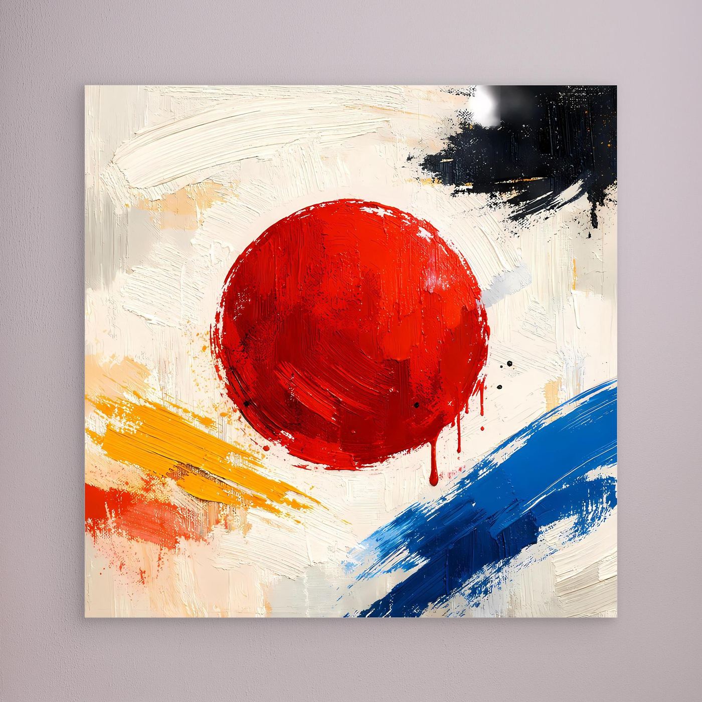 Abstract canvas wall art with red sun circle, blue and orange brush strokes, no visible frame.