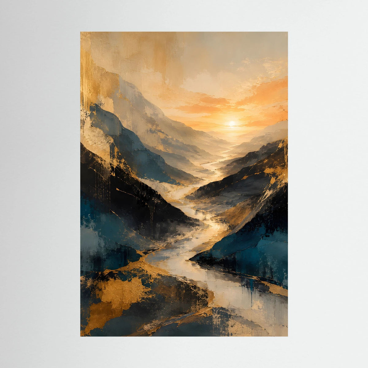 Kunstposter im Hochformat mit abstraktem Bergtal in Blau und Gold