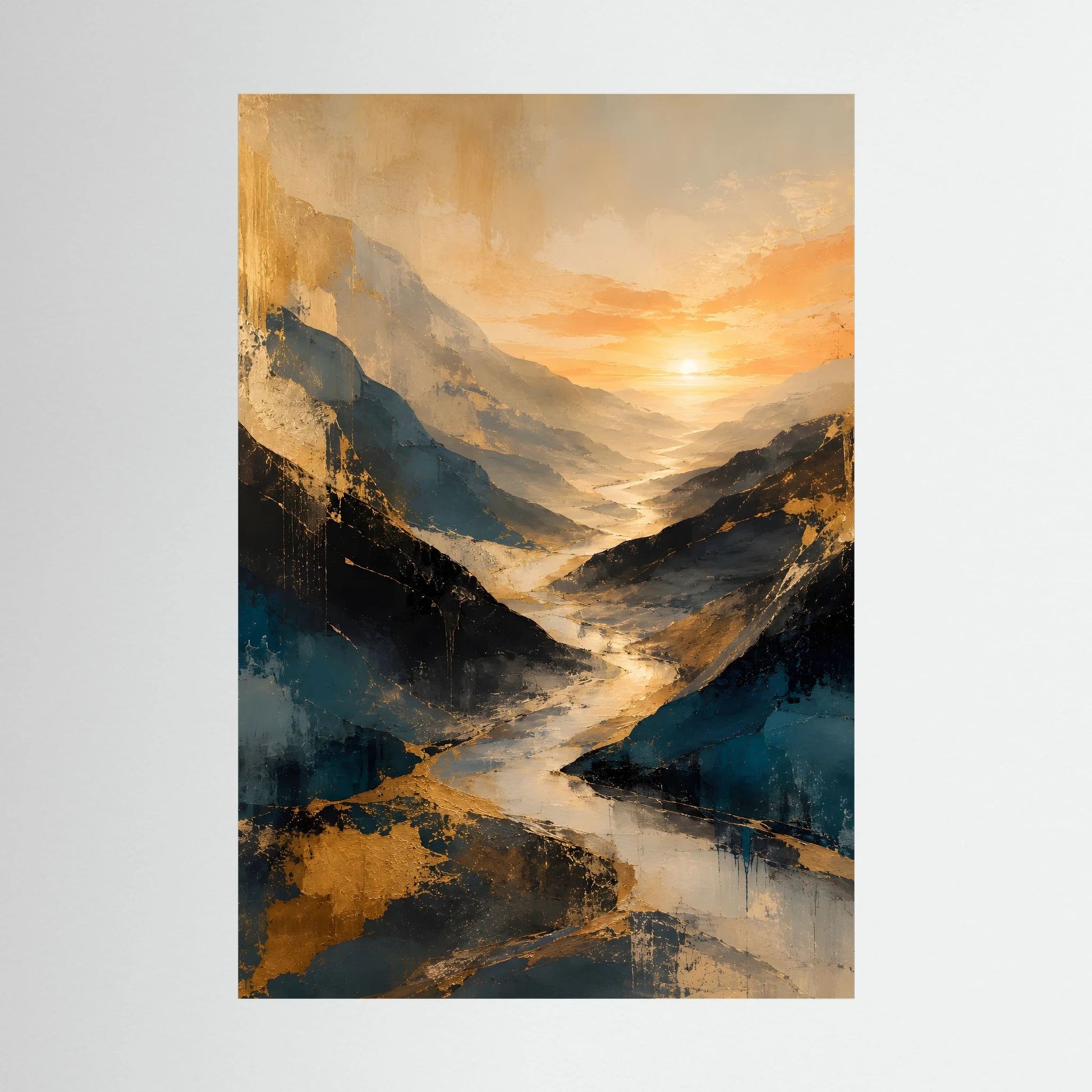 Kunstposter im Hochformat mit abstraktem Bergtal in Blau und Gold