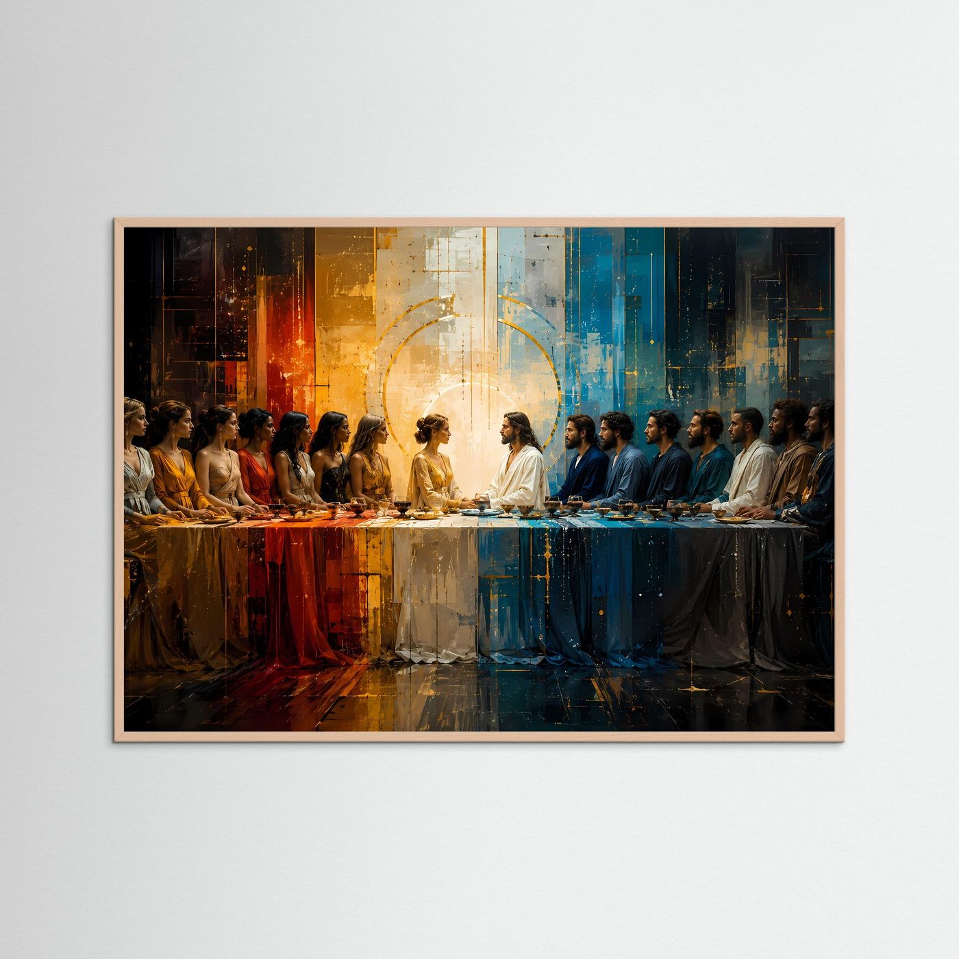 Kunstdruck „Abendmahl“ mit Personen am langen Tisch, leuchtender Halbkreis, dynamische Farben