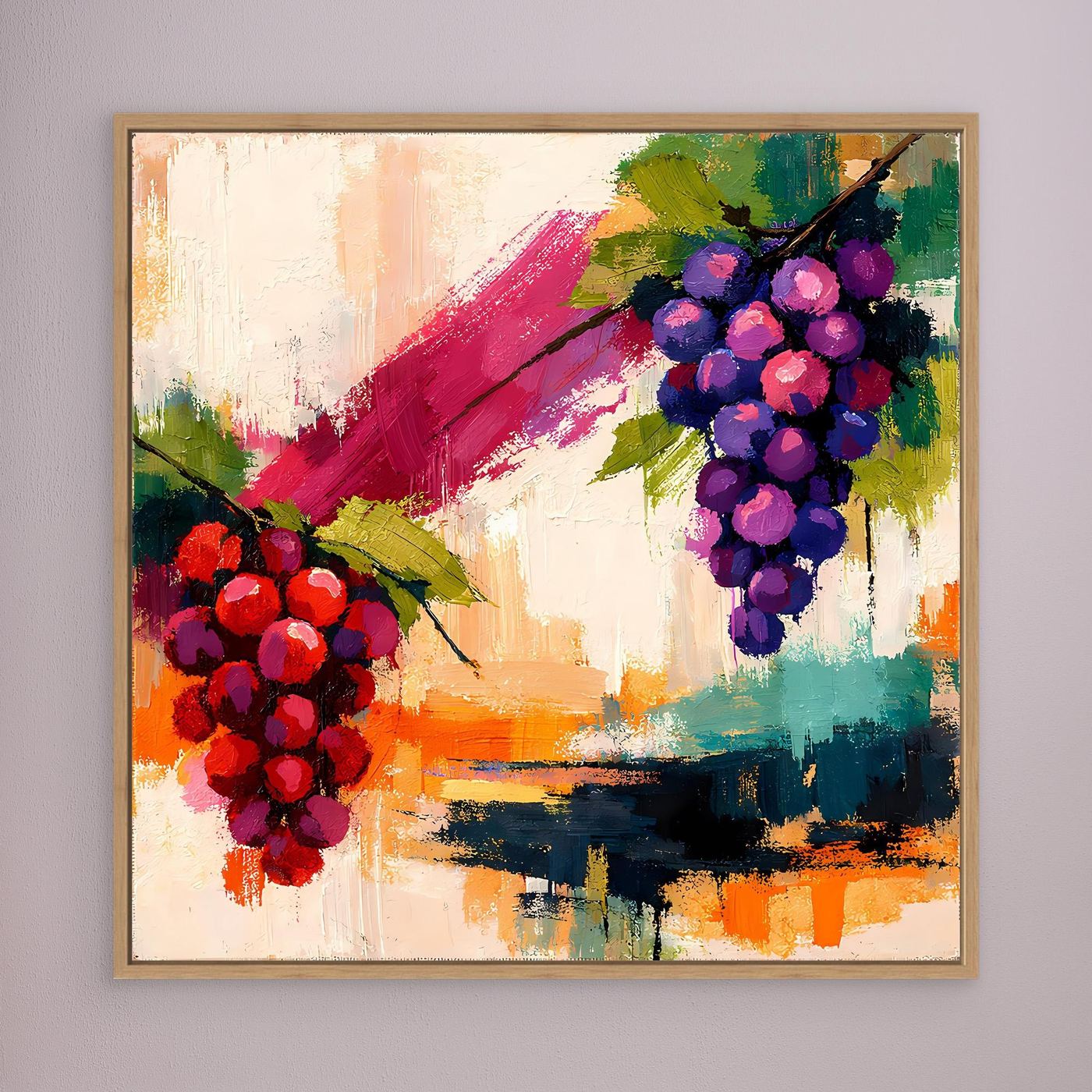 Framed canvas wall art with abstract red and purple grape clusters, oak frame