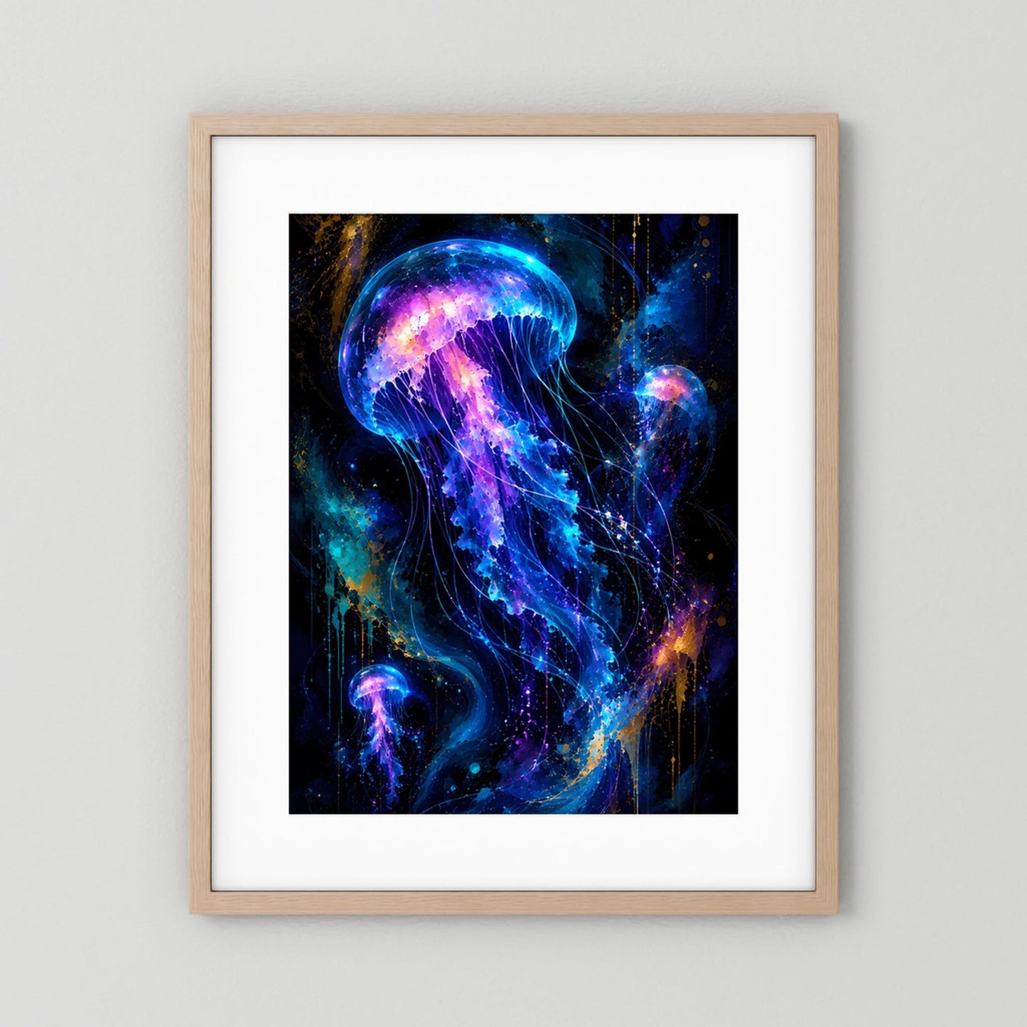 Poster im Hochformat mit leuchtenden Quallen in Neonblau und Violett, Holzrahmen
