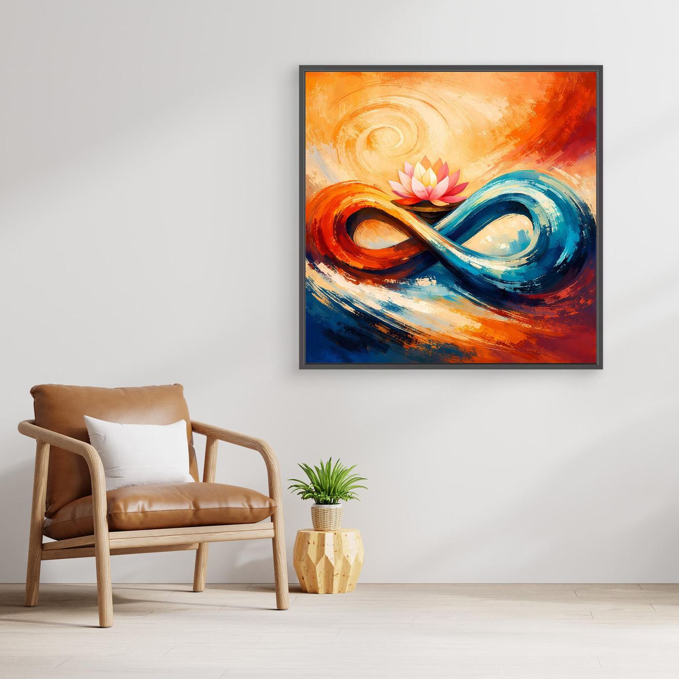 Gerahmtes Leinwandbild mit Unendlichkeitszeichen und Lotusblüte, Orange-Blau mit Pink-Akzent
