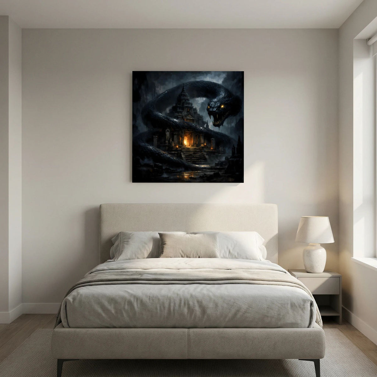 Leinwand-Wandbild mit schwebender Riesenschlange, Tempelruine und glühenden Augen