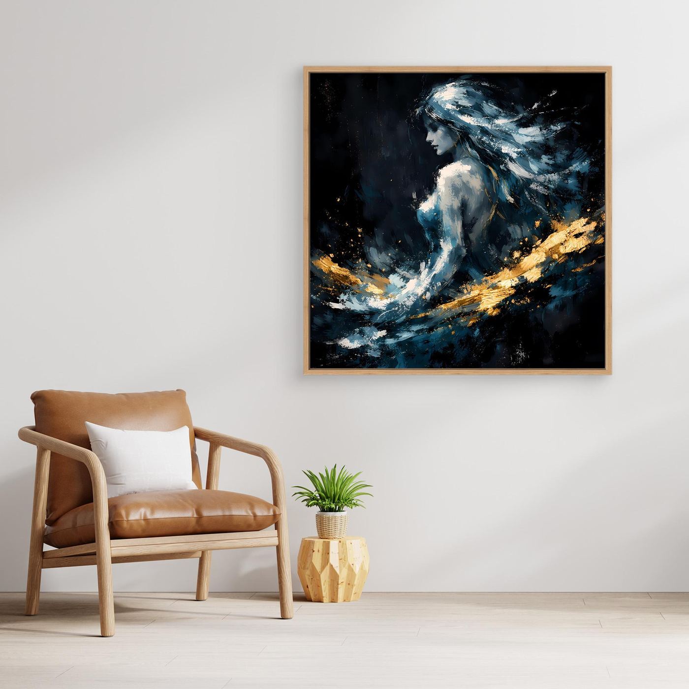 Leinwand Mystische Frauen-Figur in Blau und Gold | Modernes Abstraktes Fantasie Wandbild