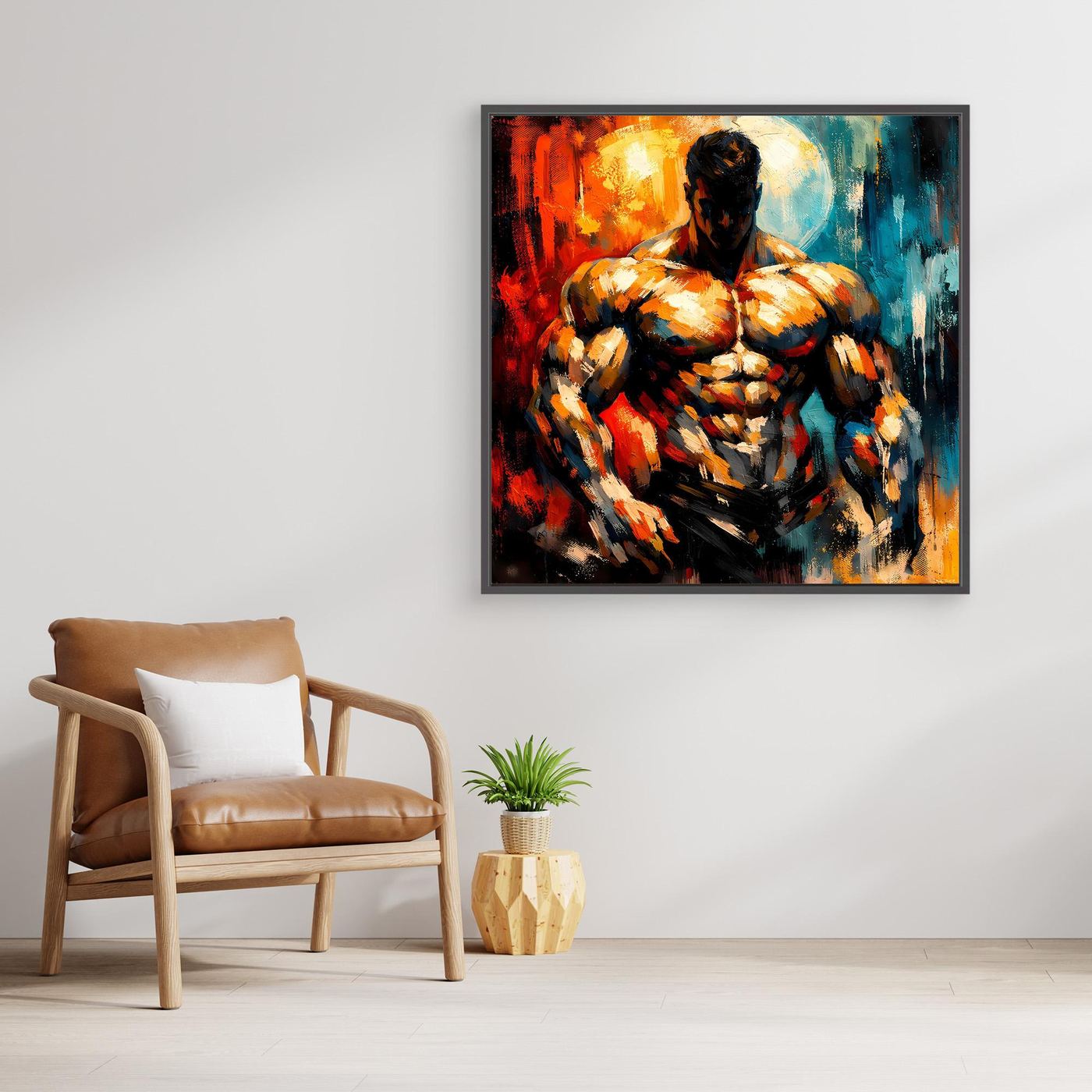 Gerahmtes Leinwandbild mit abstraktem Bodybuilder-Oberkörper, blau-roter Hintergrund und Spritzer