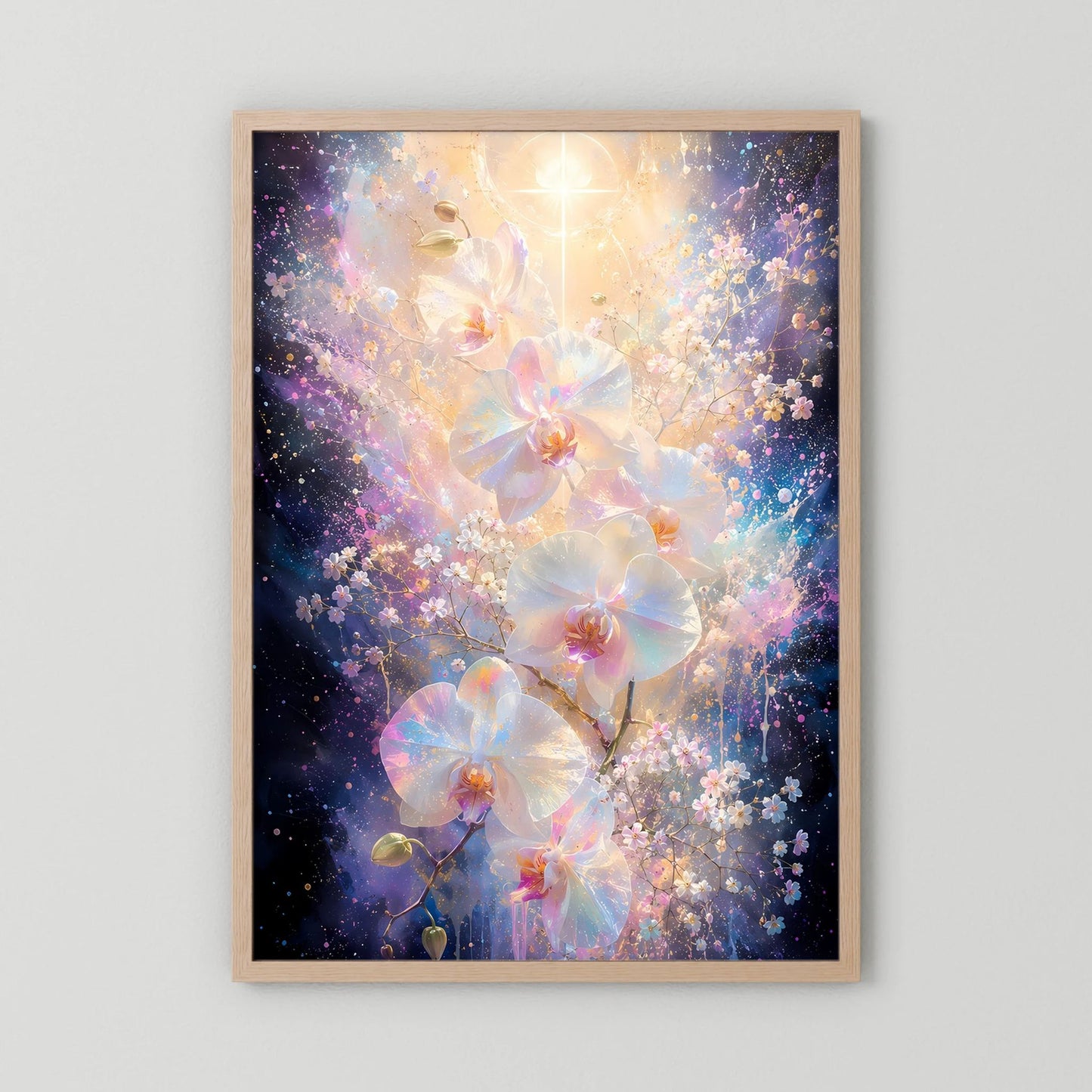 Hochformat-Poster mit weißen Orchideen und gold schimmerndem Licht, heller Holzrahmen.