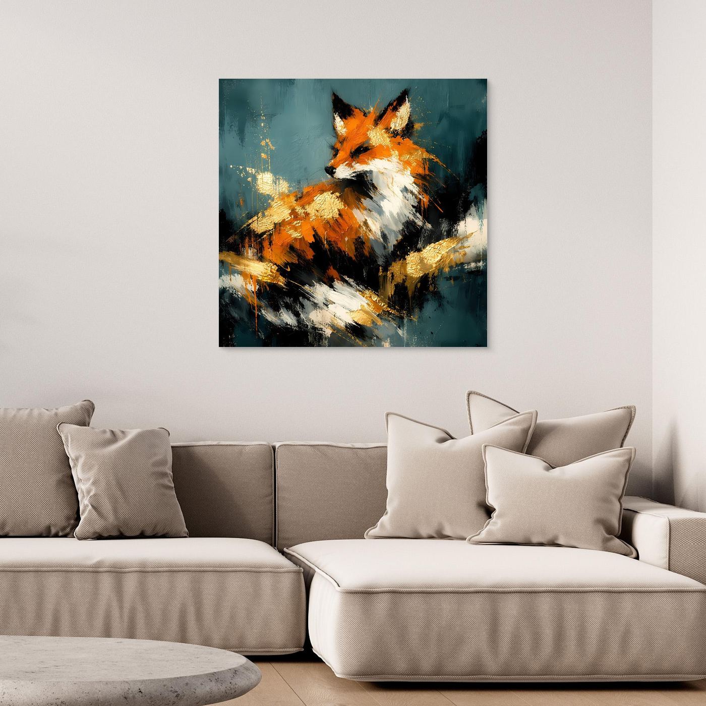 Leinwand-Wandbild mit abstraktem Fuchs in Orange, Weiß und Gold auf dunklem Blau.